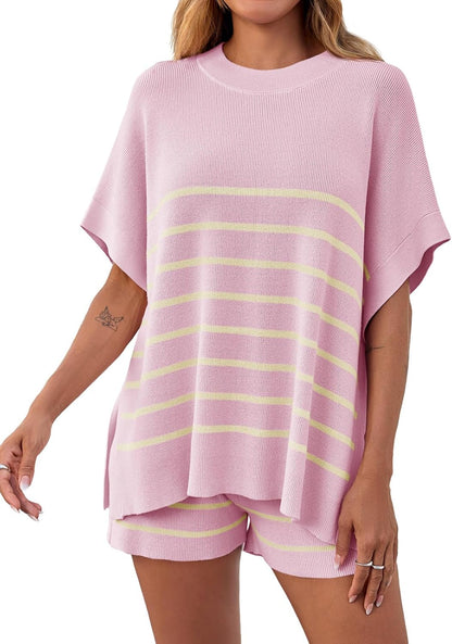 Women's Striped Two-Piece Oversized Batwing Sleeve Short Sleeve Top and Shorts Set