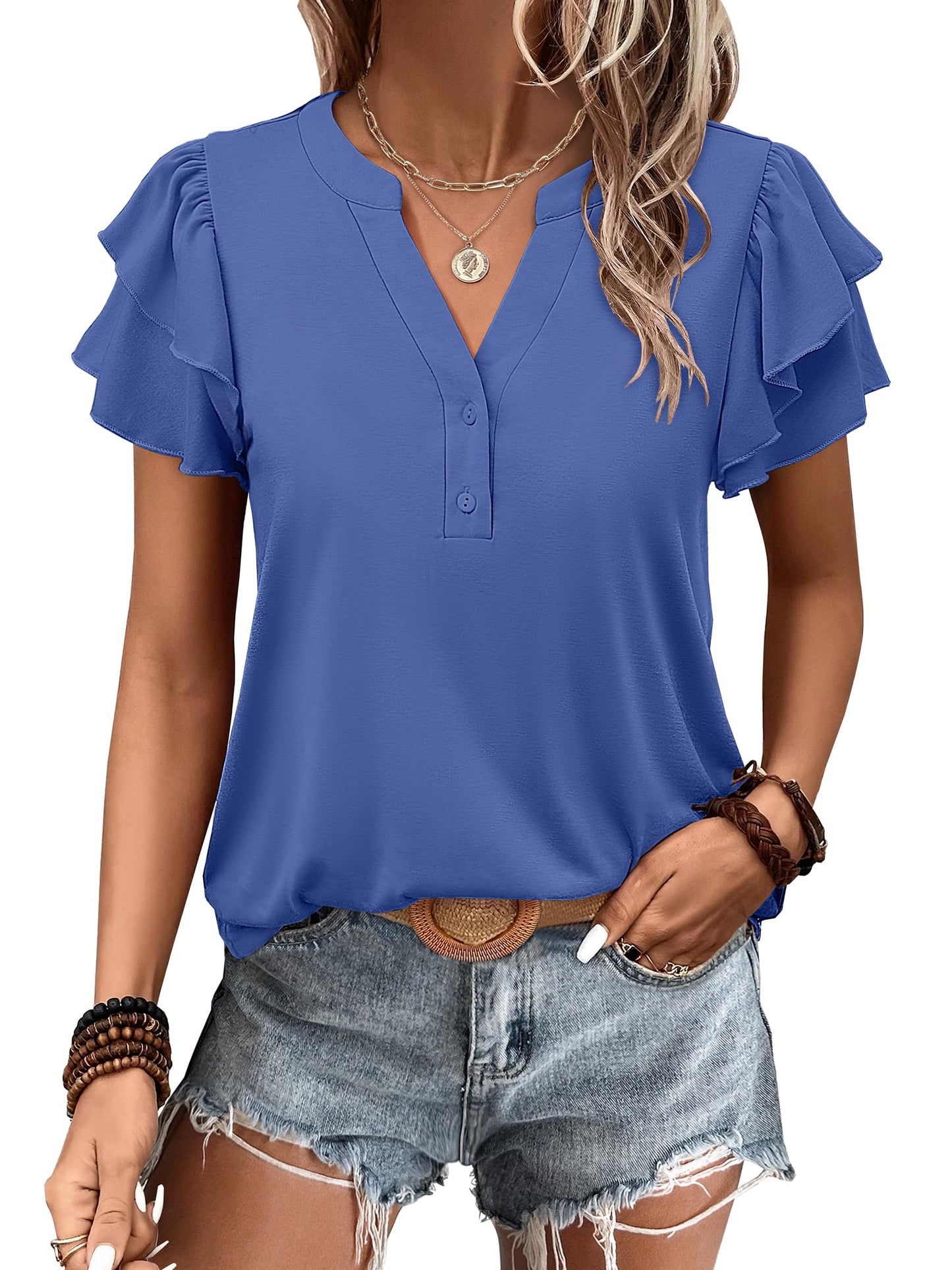 ✨Womens Casual Ruffle Short Sleeve V Neck Top Blouses