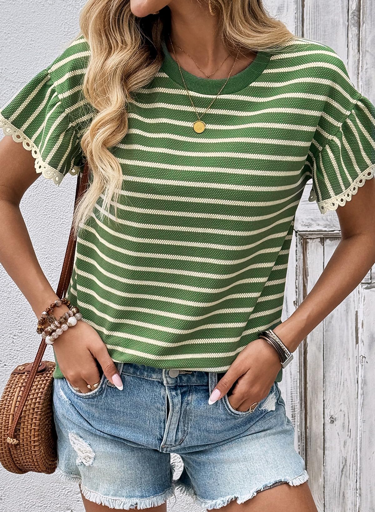 Limited time sale🔥Women's Knit Striped Color Block Ruffled Short Sleeve Top