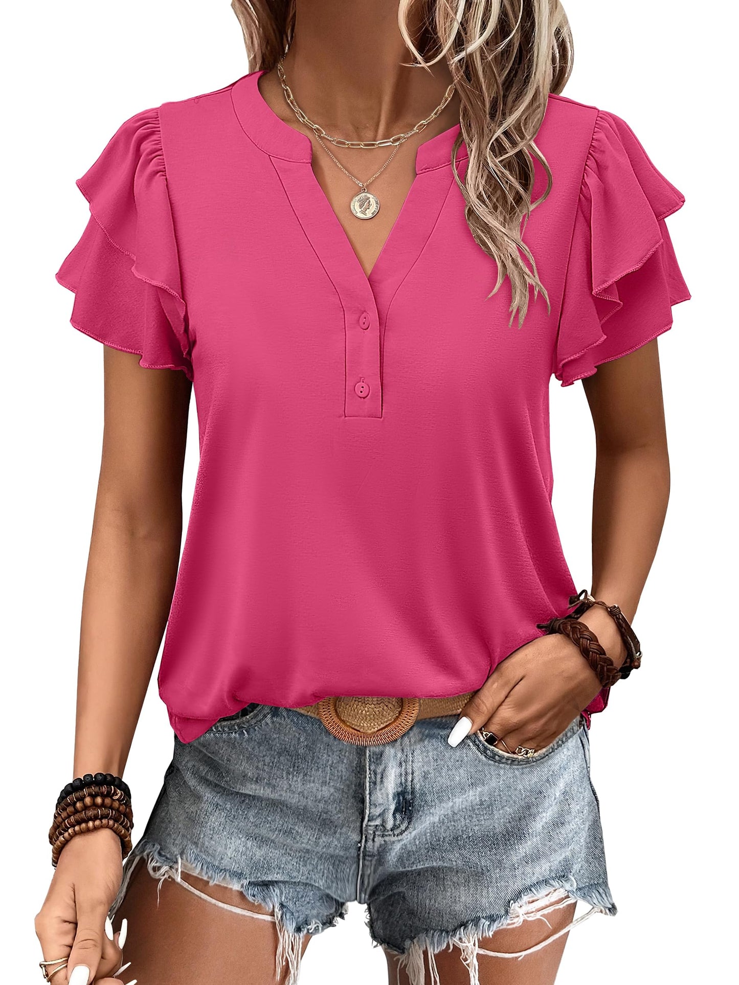 ✨Womens Casual Ruffle Short Sleeve V Neck Top Blouses