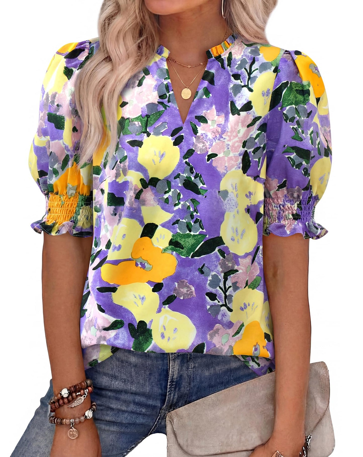 Women Floral Boho V Neck Puff Short Sleeve Top Casual 2026 Summer Blouses