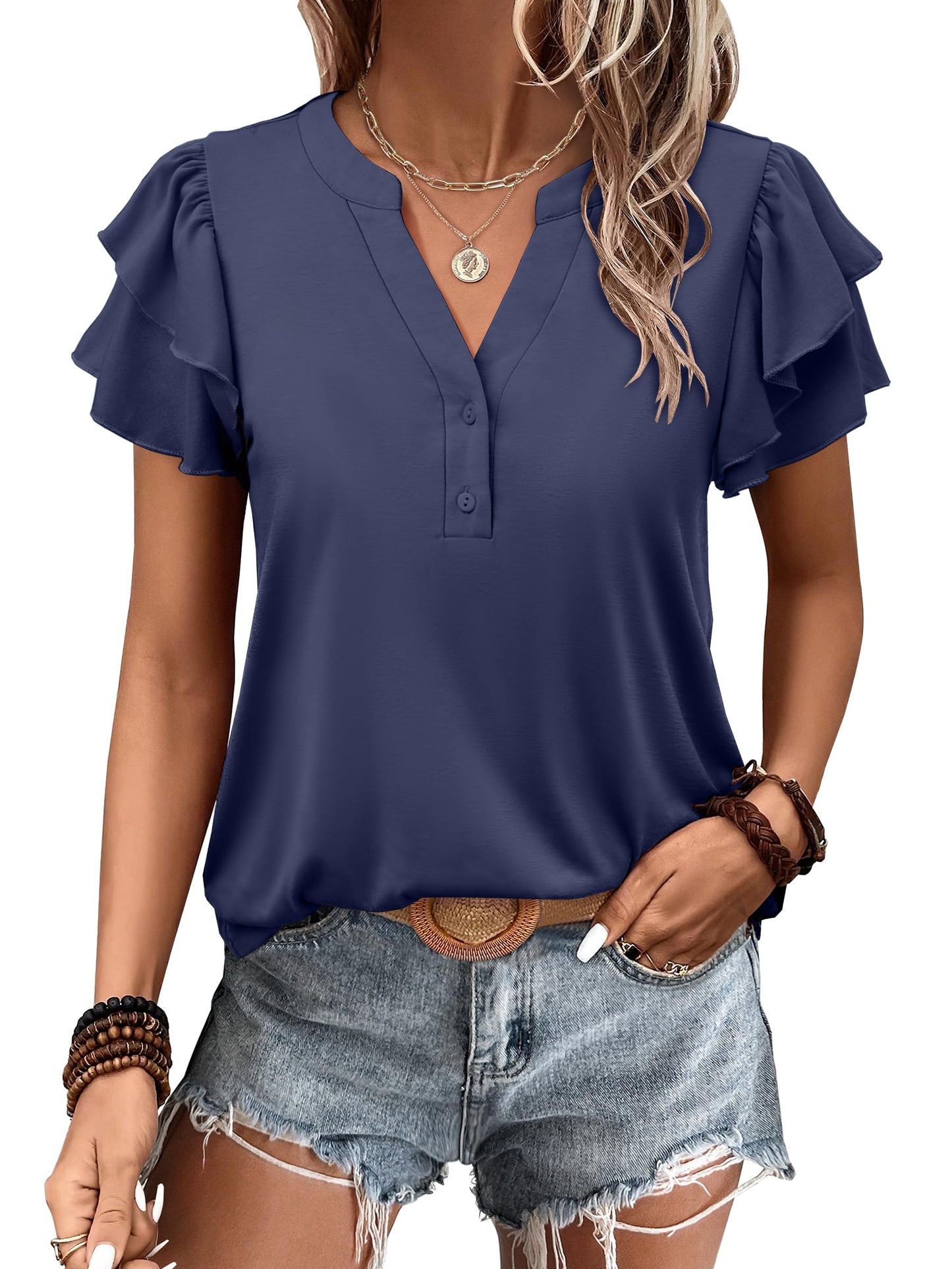 ✨Womens Casual Ruffle Short Sleeve V Neck Top Blouses