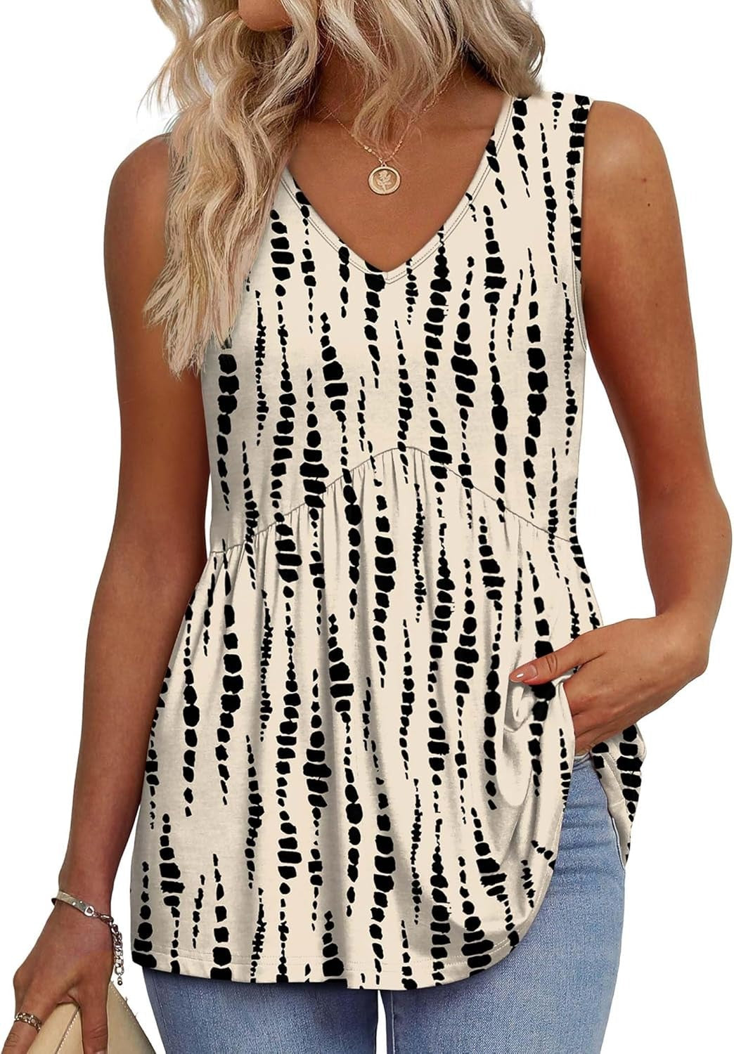 ⏰Hot Sale-Women's Print Flowy Sleeveless V Neck Peplum Tank Tops
