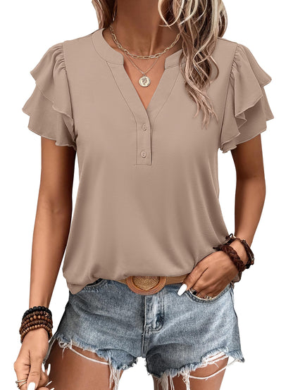 ✨Womens Casual Ruffle Short Sleeve V Neck Top Blouses