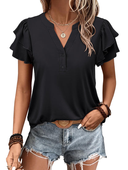 ✨Womens Casual Ruffle Short Sleeve V Neck Top Blouses