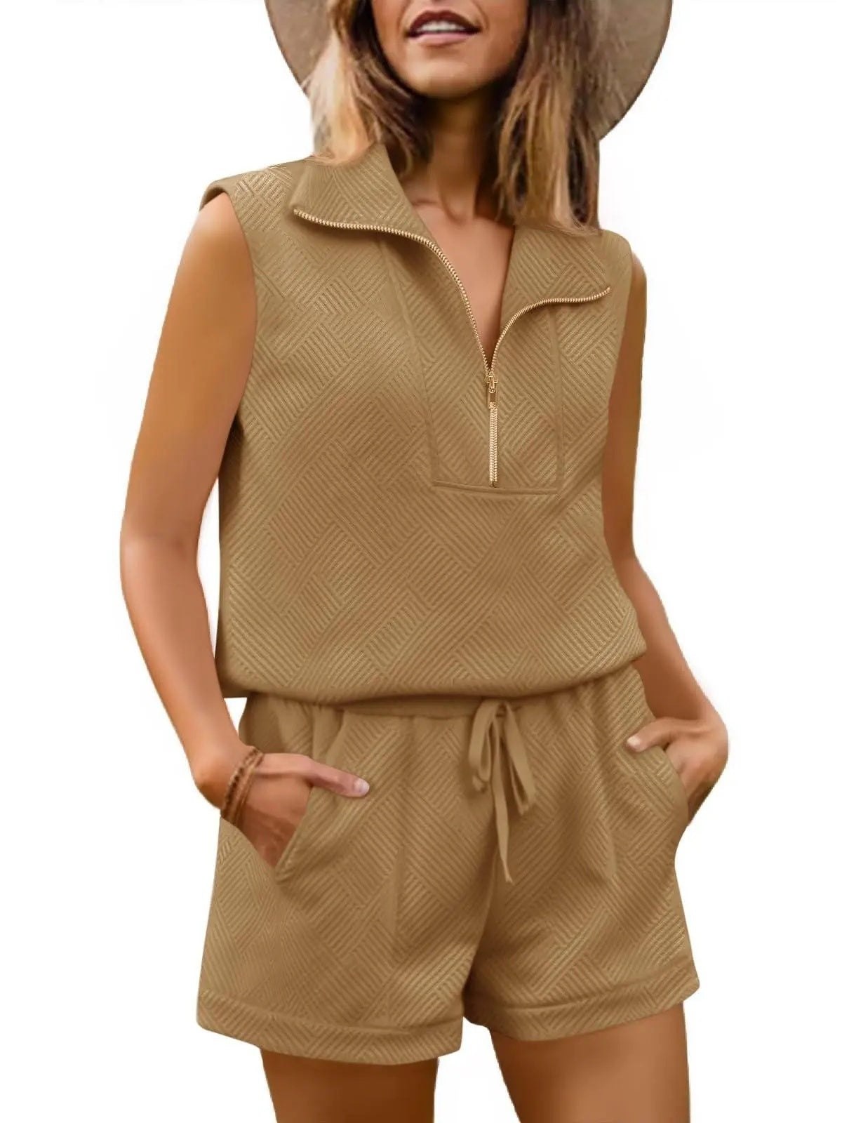 Womens 2 Piece Outfits Short Sets Half Zip Sleeveless Tops and Drawstring Shorts