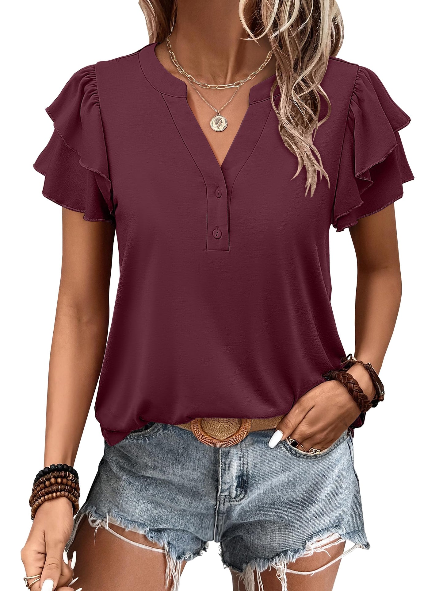 ✨Womens Casual Ruffle Short Sleeve V Neck Top Blouses