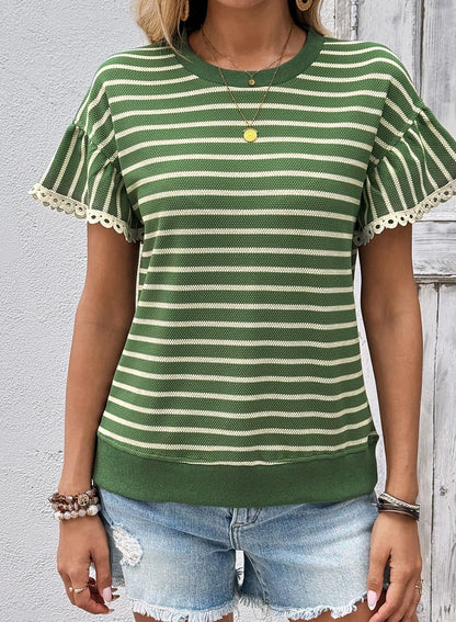 Limited time sale🔥Women's Knit Striped Color Block Ruffled Short Sleeve Top