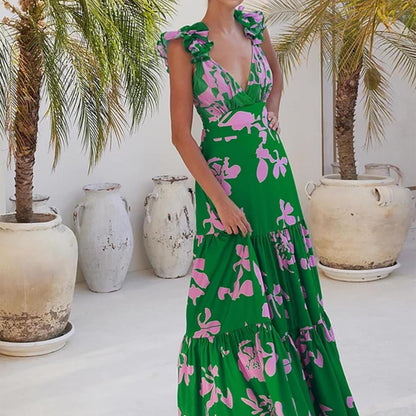 Women Adjustable Shoulder Strip Plant Prints One Piece Swimsuit and Skirt/Sarong