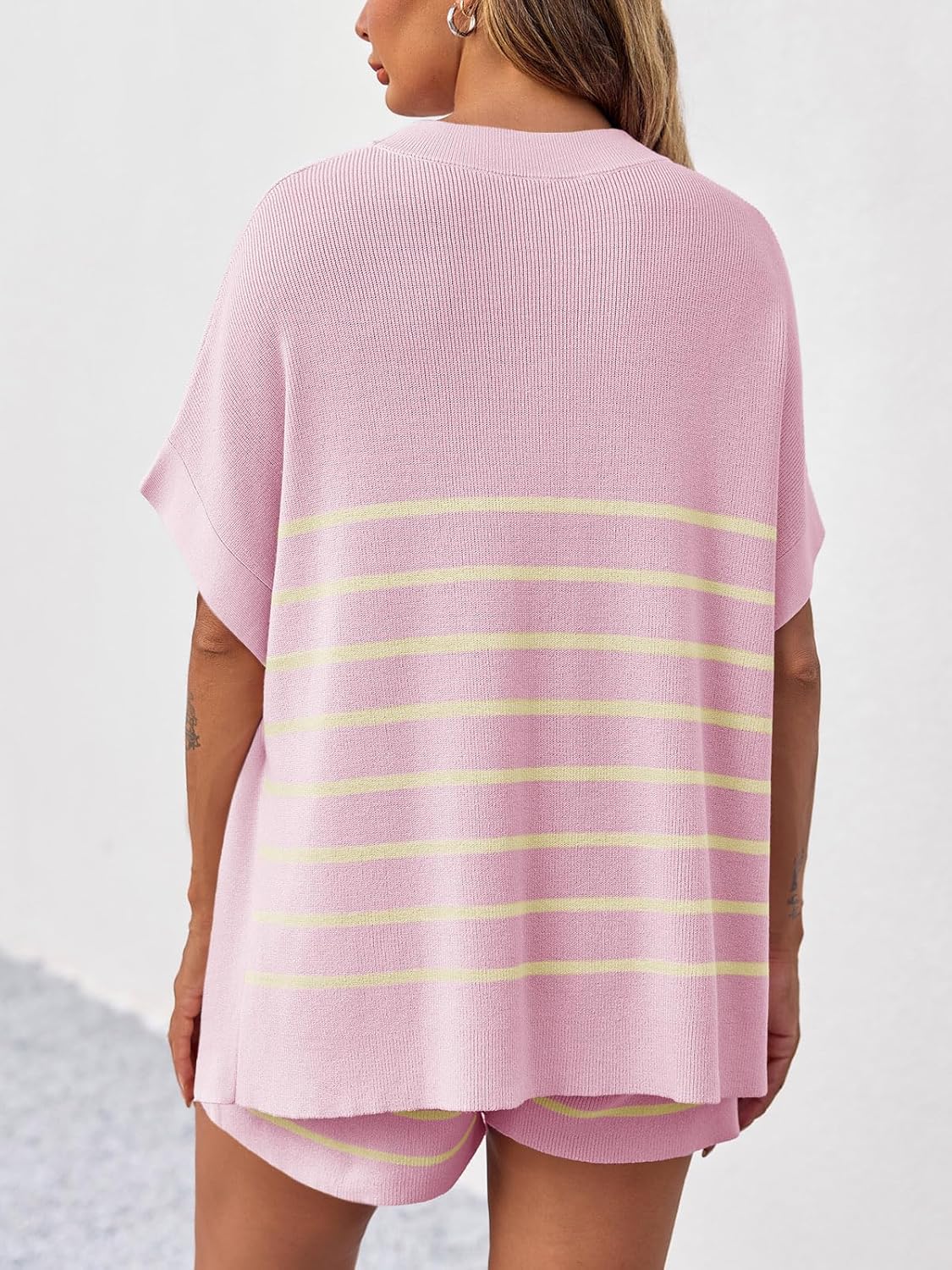⏰Hot Sale-Women's Striped 2-Piece Oversized Batwing Sleeve Short Sleeve Top and Shorts Set