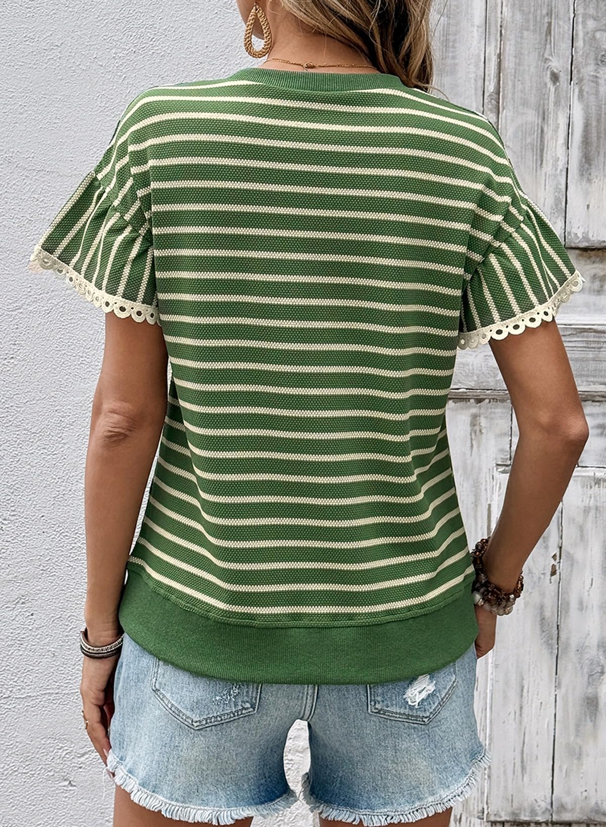 Limited time sale🔥Women's Knit Striped Color Block Ruffled Short Sleeve Top