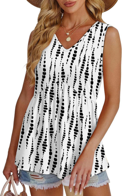 ⏰Hot Sale-Women's Print Flowy Sleeveless V Neck Peplum Tank Tops
