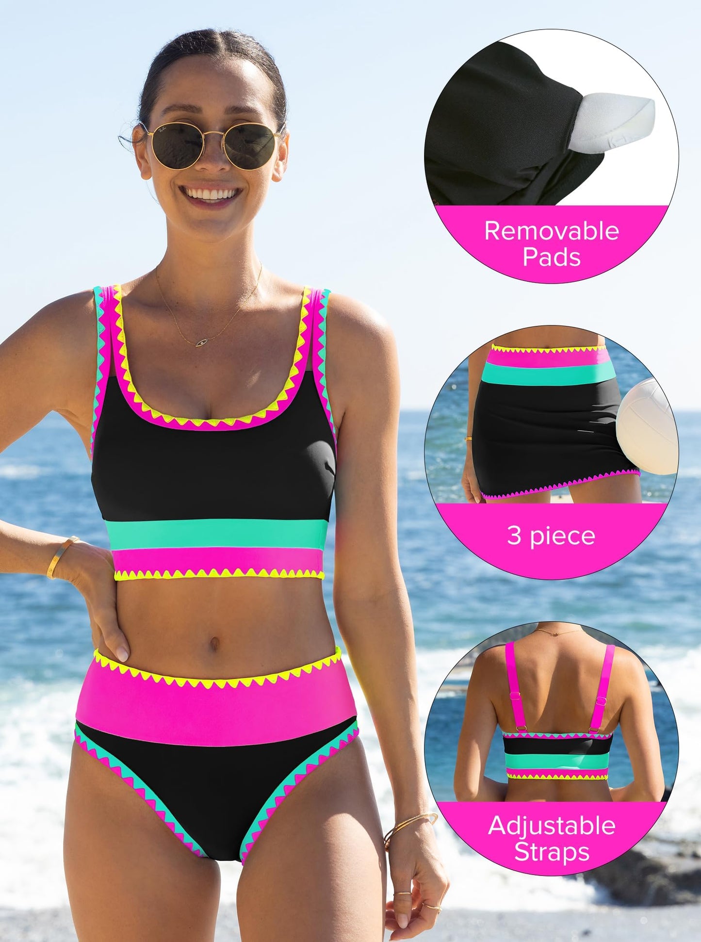 Women Tummy Control High Waisted Bikini 3 Piece Bathing Suits