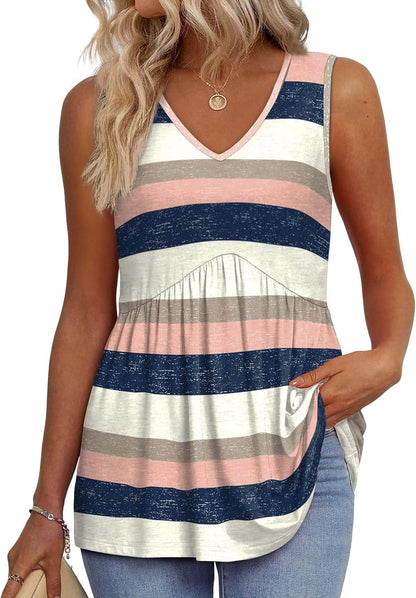 ⏰Hot Sale-Women's Print Flowy Sleeveless V Neck Peplum Tank Tops
