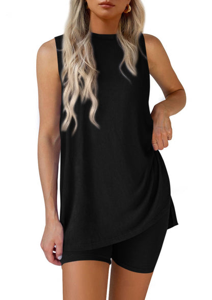 Women Summer Matching 2 Piece Outfit Split Hem Top & Shorts Set