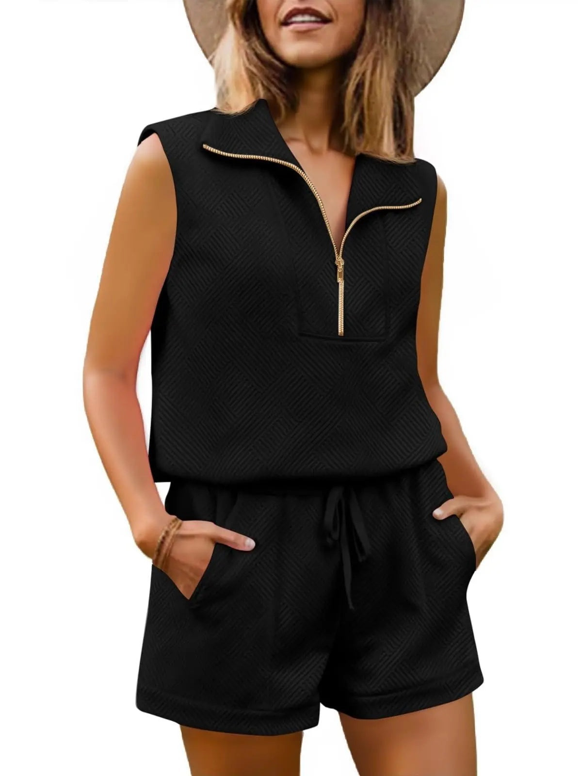 Womens 2 Piece Outfits Short Sets Half Zip Sleeveless Tops and Drawstring Shorts