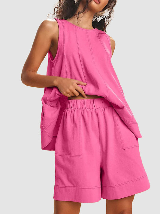 Women's Contrast Stitch 2-Piece Outfit, Sleeveless Tank Top & High Waist Shorts Set