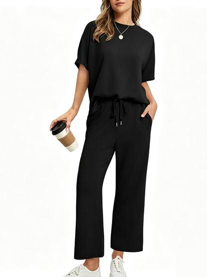 Loose Short Sleeve Top & High Waist Wide Leg Pants 2-Piece Summer Matching Set