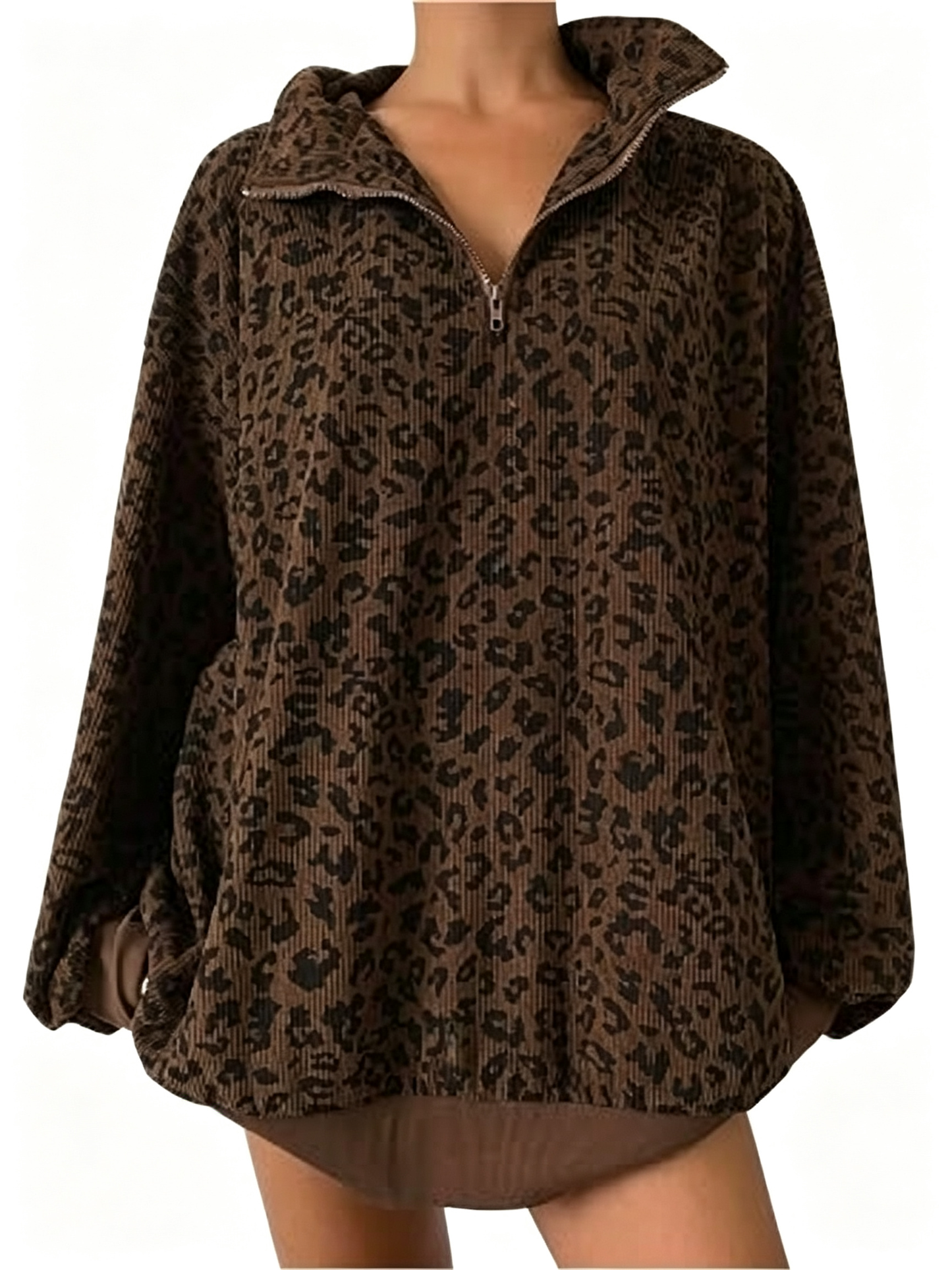 Women Half Zip Leopard Print Oversized Drop Shoulder Pullover