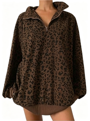 Women Half Zip Leopard Print Oversized Drop Shoulder Pullover