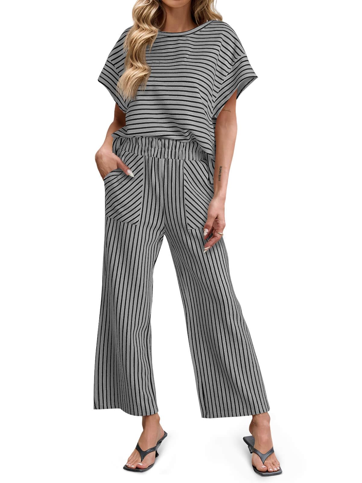 ⏰Hot Sale-Womens Striped 2 Piece Sets Short Sleeve T Shirts Wide Leg Pants with Pockets