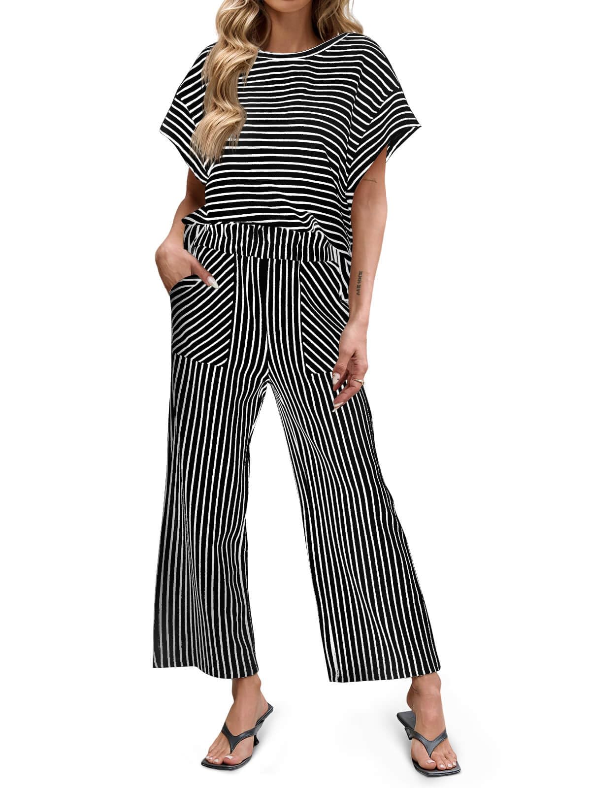 ⏰Hot Sale-Womens Striped 2 Piece Sets Short Sleeve T Shirts Wide Leg Pants with Pockets