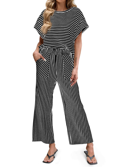 ⏰Hot Sale-Womens Striped 2 Piece Sets Short Sleeve T Shirts Wide Leg Pants with Pockets