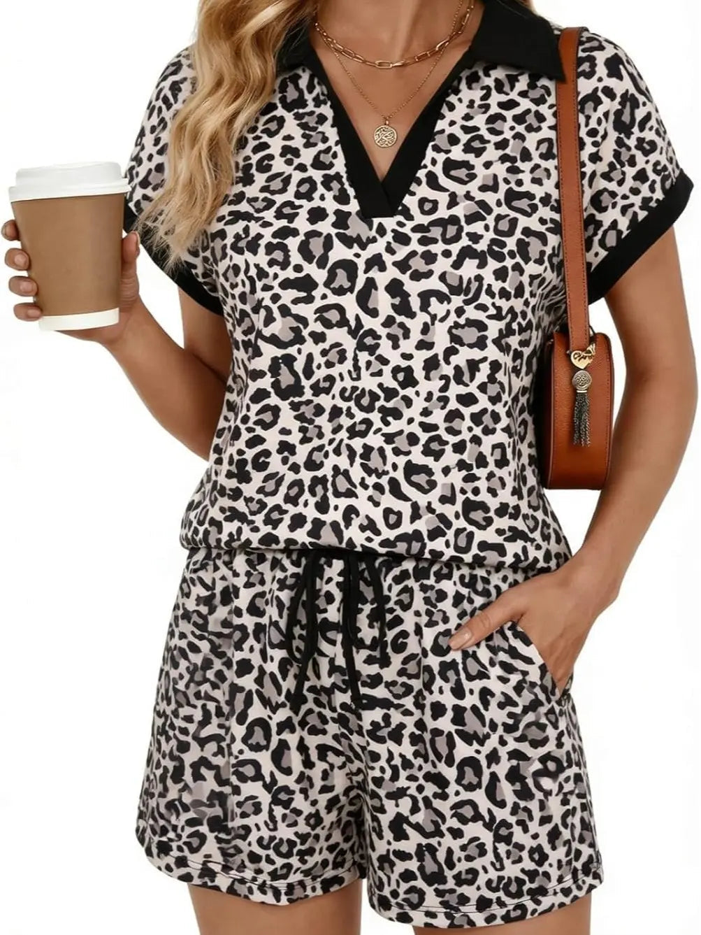 ⏰Hot Sale-Women Cap Sleeve V Neck Lapel Tops and Drawstring Shorts 2 Piece Sets