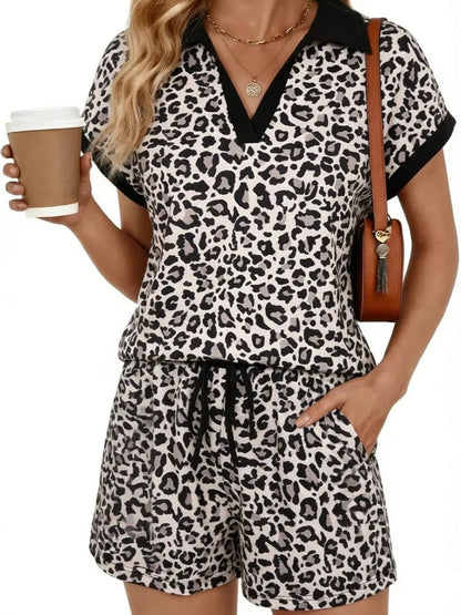 ⏰Hot Sale-Women Cap Sleeve V Neck Lapel Tops and Drawstring Shorts 2 Piece Sets