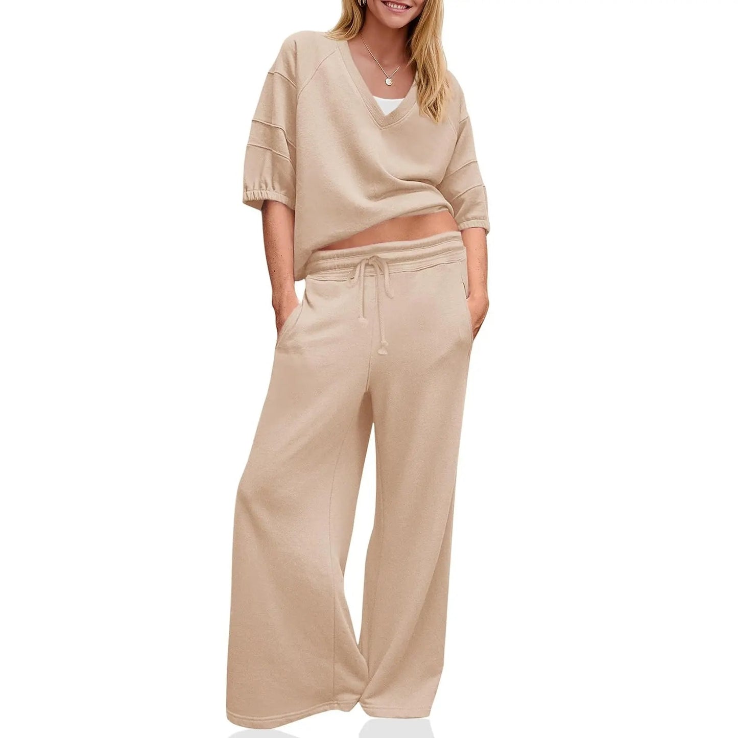 Womens 2 Piece Outfits Casual V Neck Shirts Wide Leg
