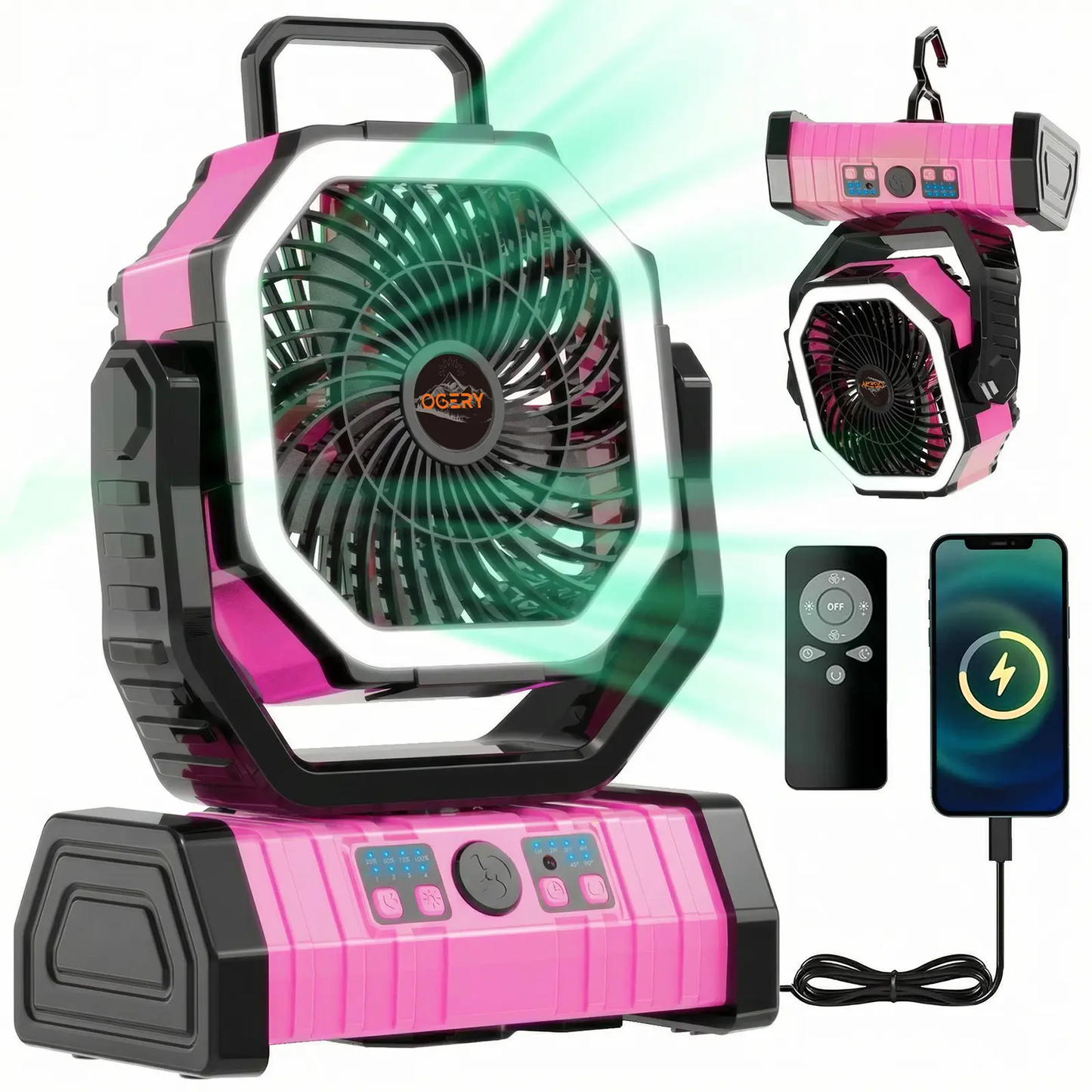 Rechargeable Camping Fan with LED Light & 360° Hanging Hook