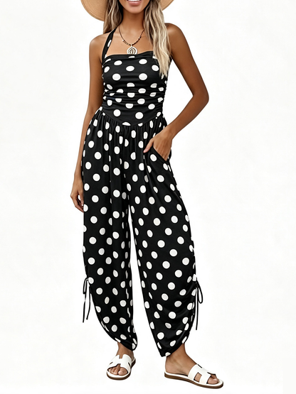 Women Halter Square Neck Sleeveless Ruched Barrel Wide Leg Side Cinch Jumpsuit