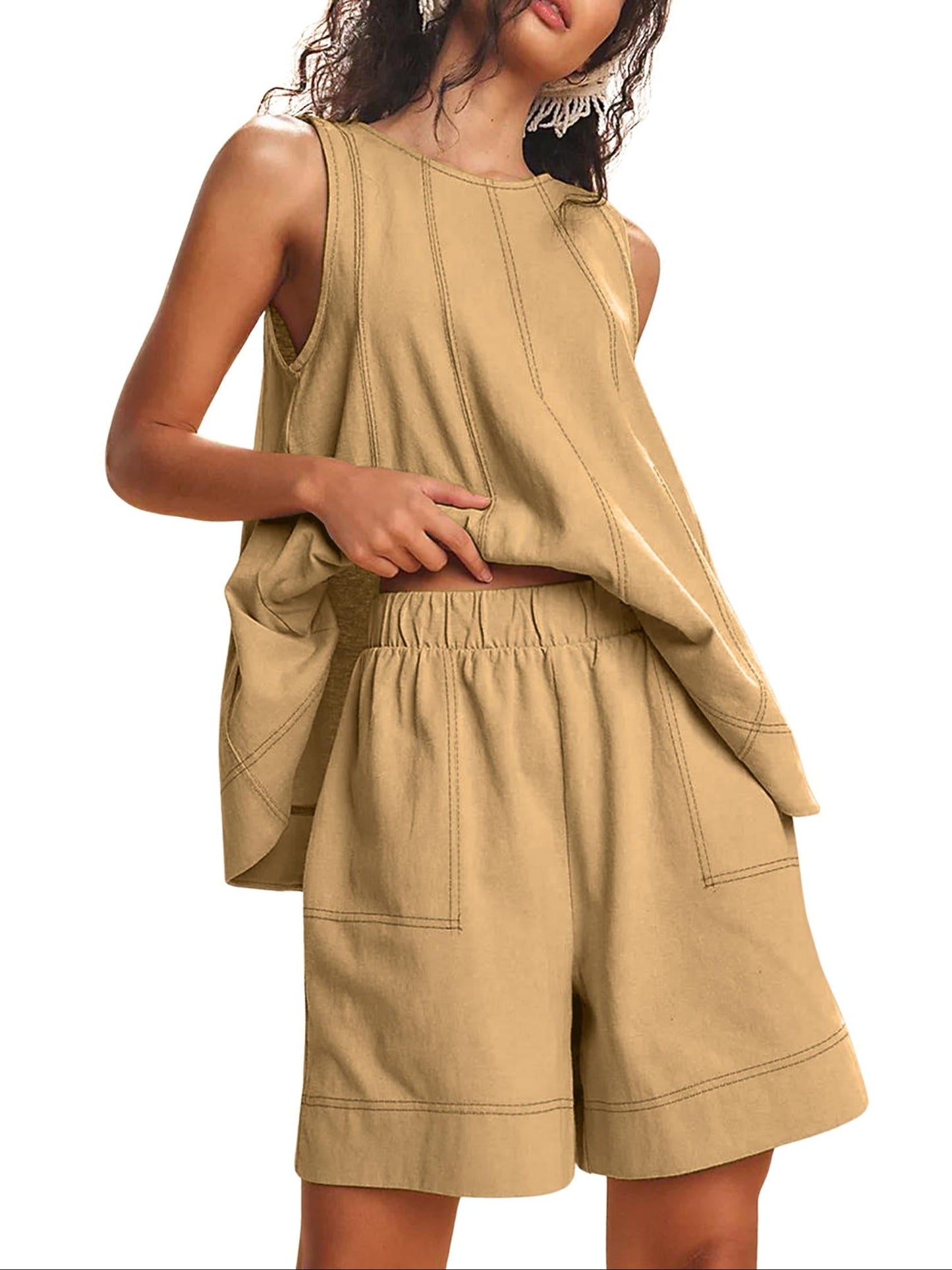 Women's Contrast Stitch 2-Piece Outfit, Sleeveless Tank Top & High Waist Shorts Set