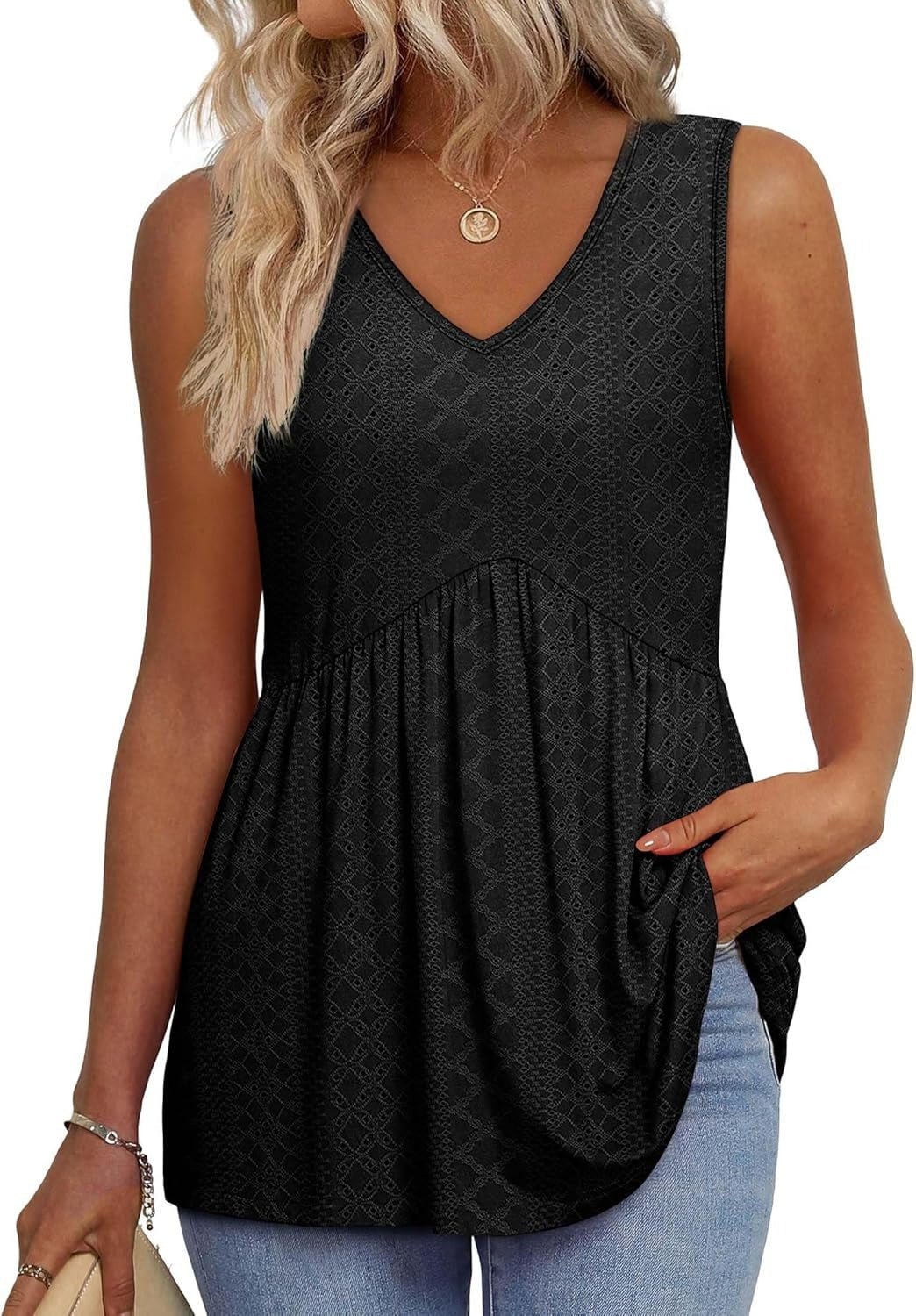 ⏰Hot Sale-Women's Print Flowy Sleeveless V Neck Peplum Tank Tops