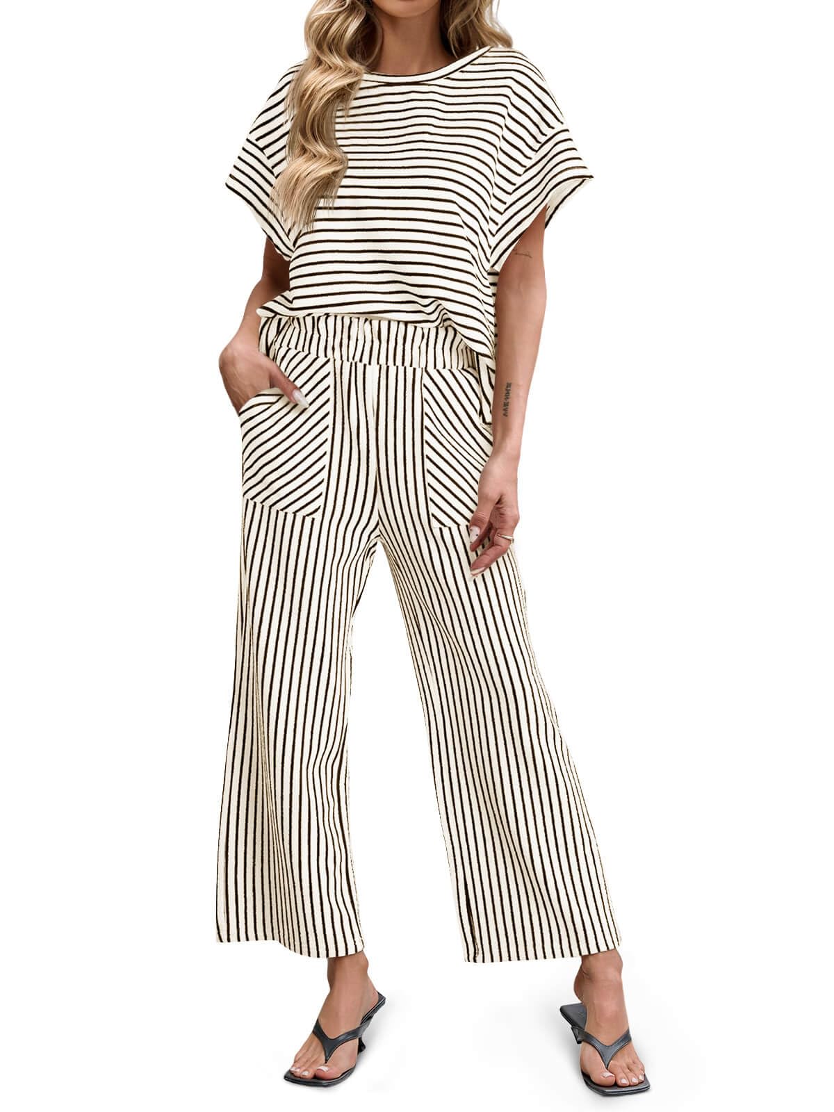 ⏰Hot Sale-Womens Striped 2 Piece Sets Short Sleeve T Shirts Wide Leg Pants with Pockets