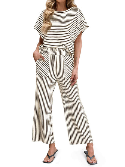 ⏰Hot Sale-Womens Striped 2 Piece Sets Short Sleeve T Shirts Wide Leg Pants with Pockets