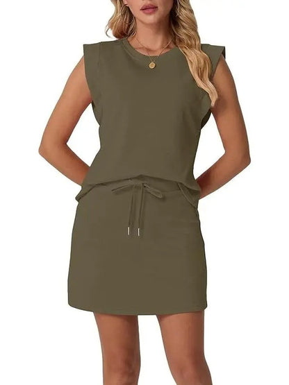 2026 Women's Summer 2 Piece Skort Set Cap Sleeve Round Neck Top