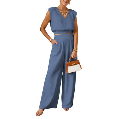⏰Hot Sale-Women's Summer 2-Piece Solid Color Tank Top & Wide Leg Pants Set