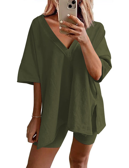 Womens Reversible Oversized V Neck T-Shirts Tops Biker Shorts Set