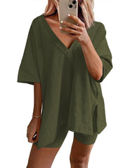 Womens Reversible Oversized V Neck T-Shirts Tops Biker Shorts Set
