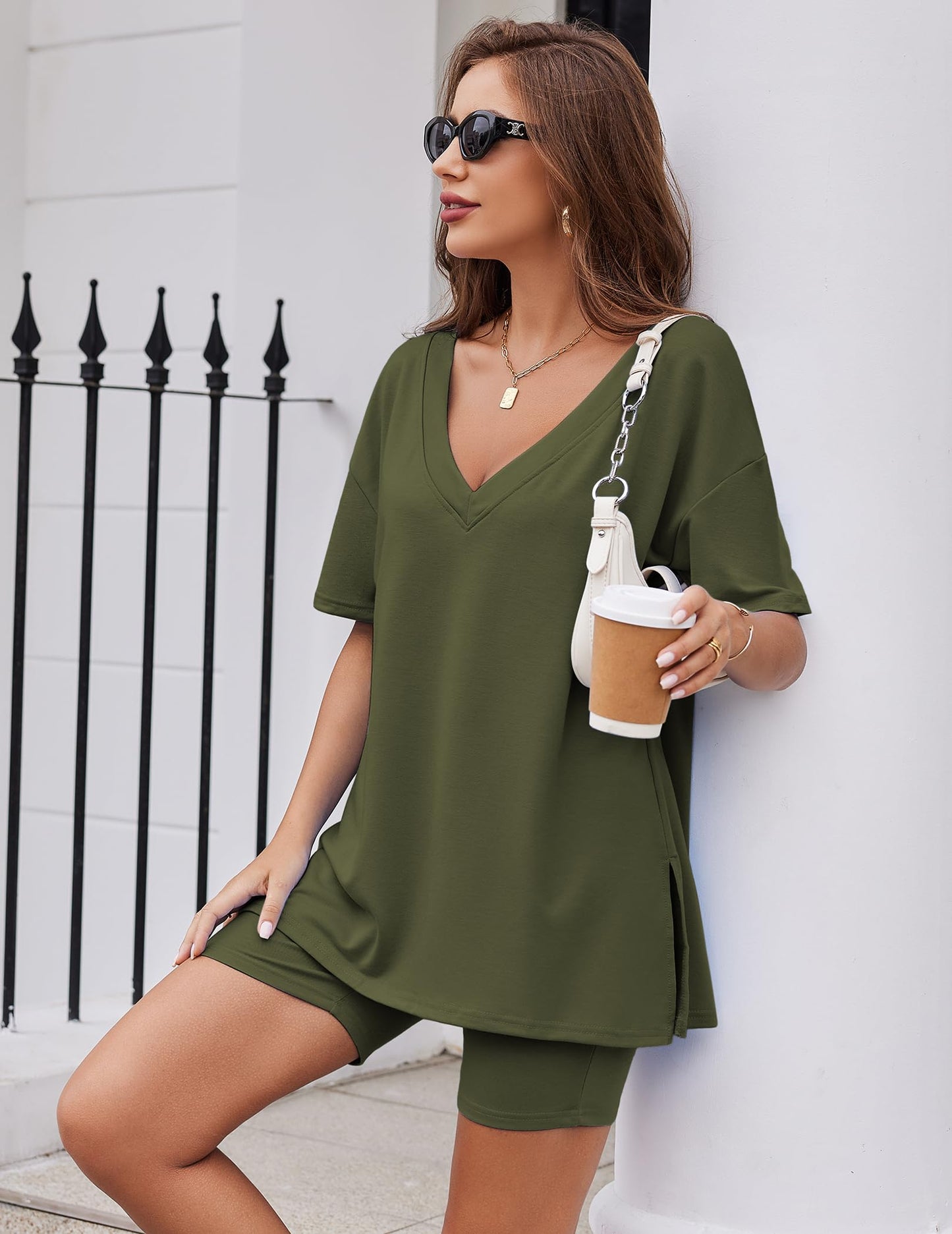 Womens Reversible Oversized V Neck T-Shirts Tops Biker Shorts Set