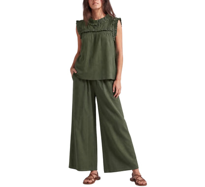 Linen Blend Sleeveless Ruffle Top & Wide Leg Pants Two Piece Outfit Set