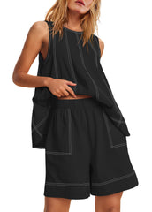 Women's Contrast Stitch 2-Piece Outfit, Sleeveless Tank Top & High Waist Shorts Set