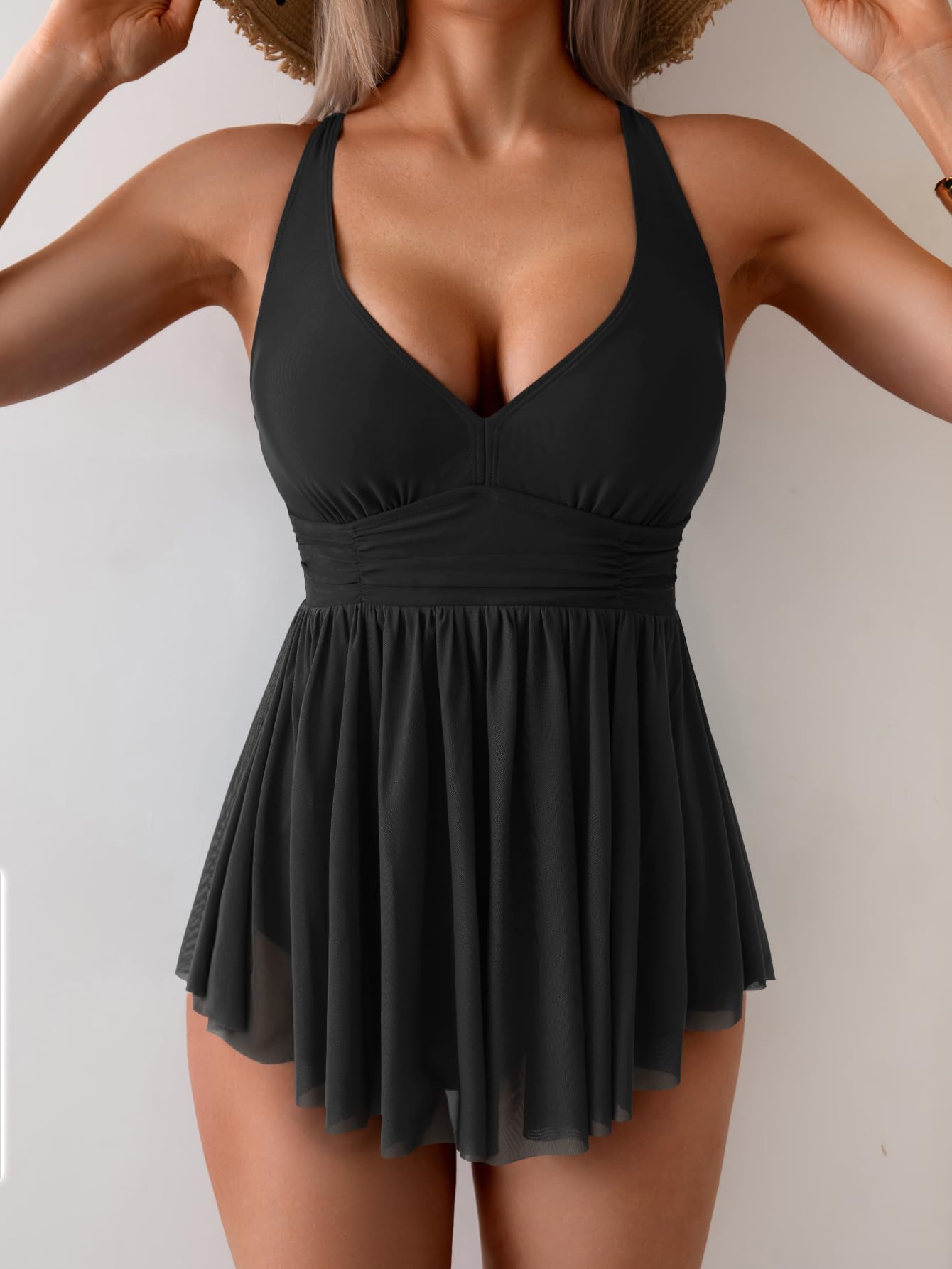 Women's One Piece Swim Dress Swimsuit Tummy Control Mesh Swimdress