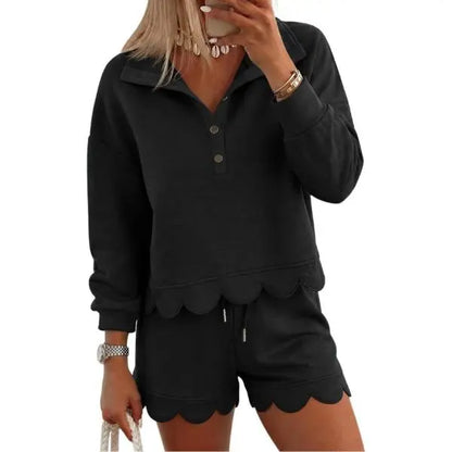 Women Scalloped Hem Half Button Polo Long Sleeve Top & Drawstring Shorts Two Piece Set