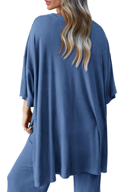 Women's 2 Piece Outfits Casual Short Tops and Wide Leg Pants Lounge Sets