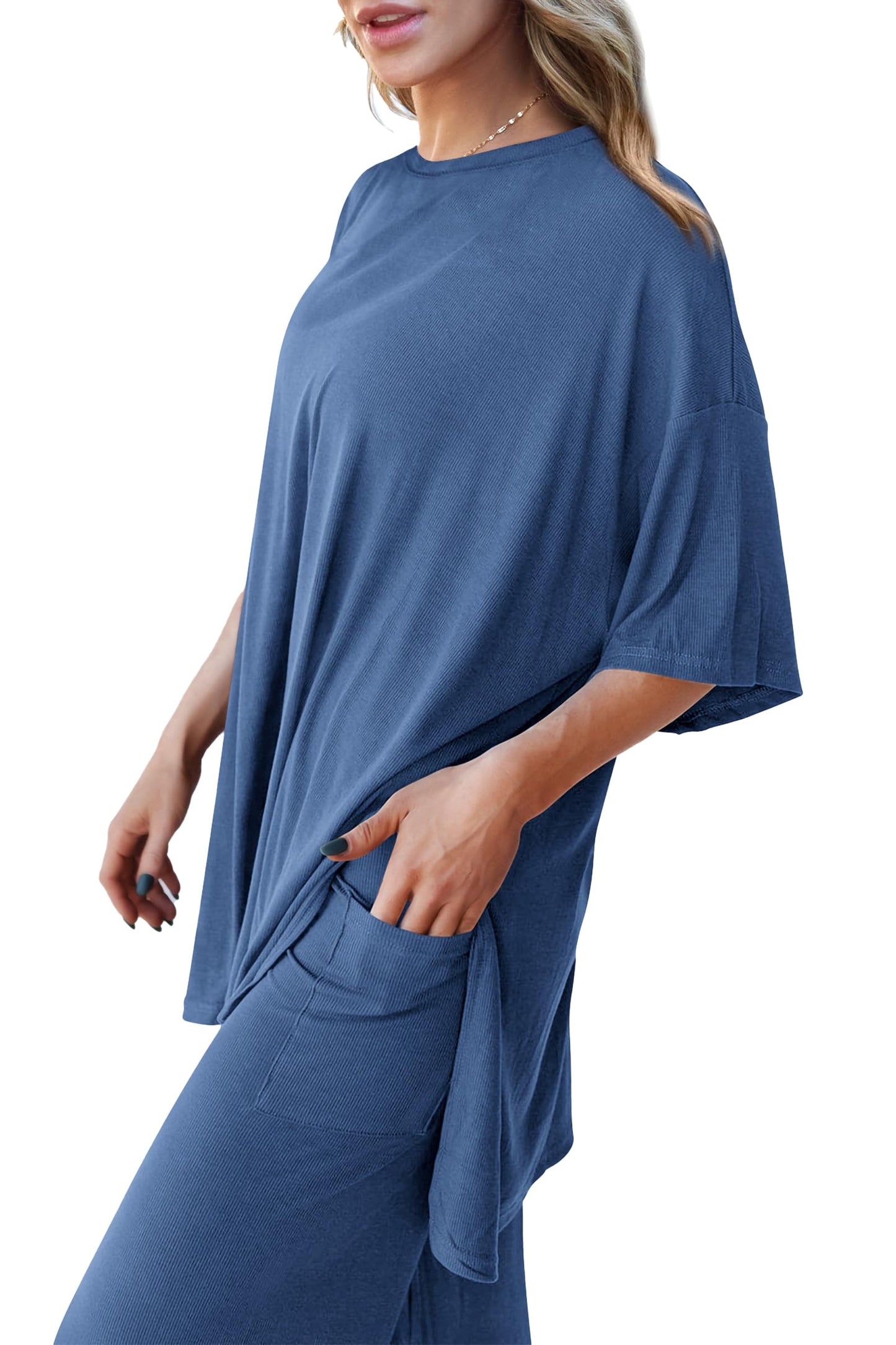 Women's 2 Piece Outfits Casual Short Tops and Wide Leg Pants Lounge Sets
