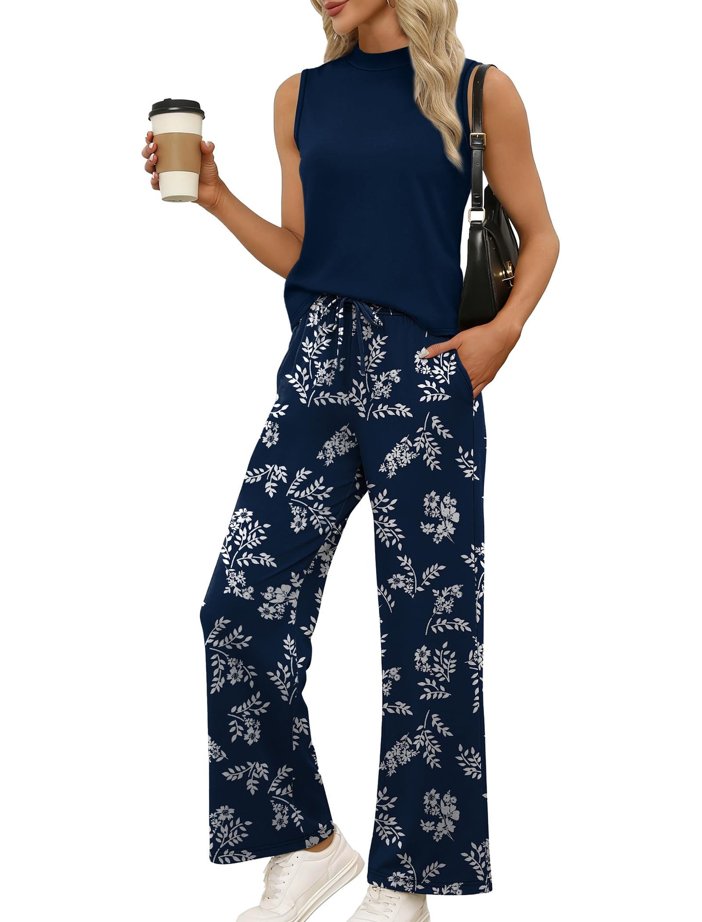 ⏰Hot Sale-Women Summer Spring Outfits Mock Neck Wide Leg Pants Two Piece Set