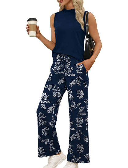 ⏰Hot Sale-Women Summer Spring Outfits Mock Neck Wide Leg Pants Two Piece Set