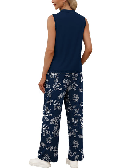 ⏰Hot Sale-Women Summer Spring Outfits Mock Neck Wide Leg Pants Two Piece Set